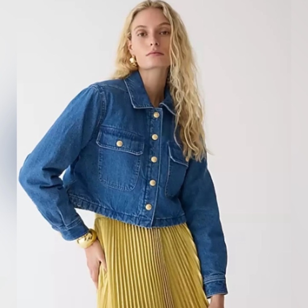 J. Crew $228 Cropped denim puffer jean jacket Blue denim Preppy Women's size S